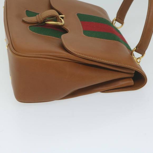 GUCCI Web Sherry Line Hand Bag Leather 2way Brown Red Green Auth 62520 - Picture 4 of 16
